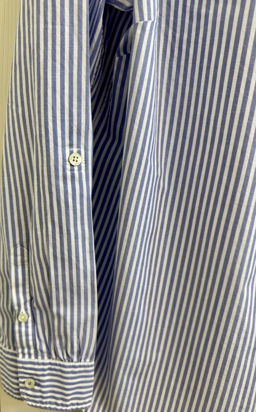 TALBOTS Blue & White Striped Coastal COTTON POPOVER Roll Tab Sleeves (L) NWOT