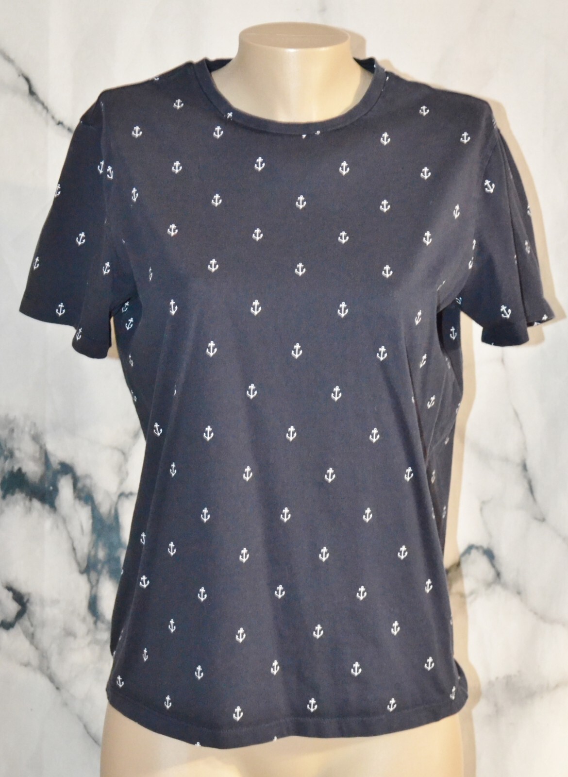 H & M Navy Blue White Anchor Print T Shirt Medium Short Sleeves 100% Cotton
