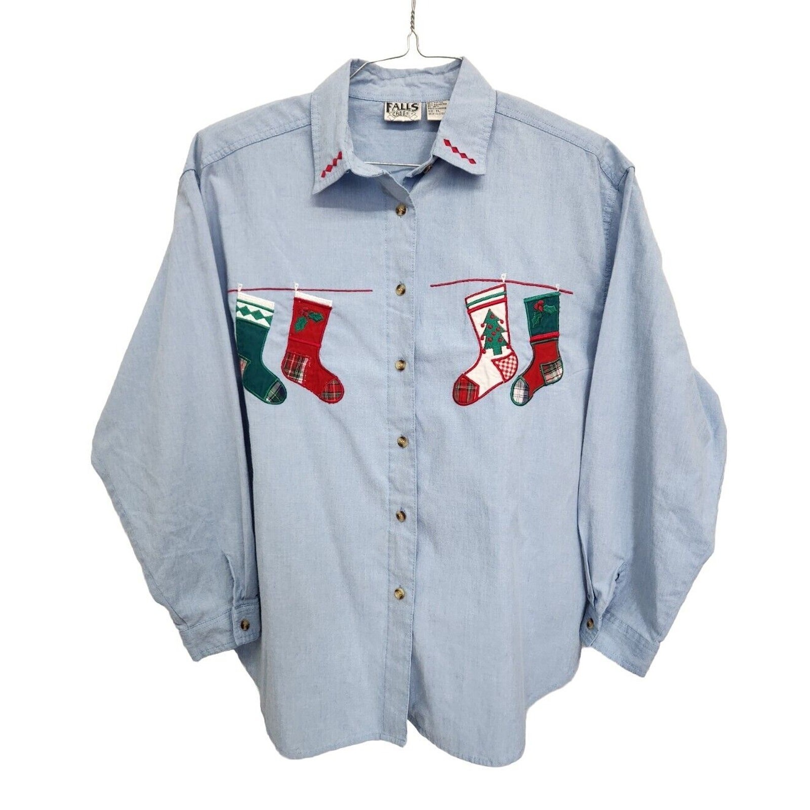 Vintage Falls Creek Christmas holiday stocking embroidered light wash shirt XL