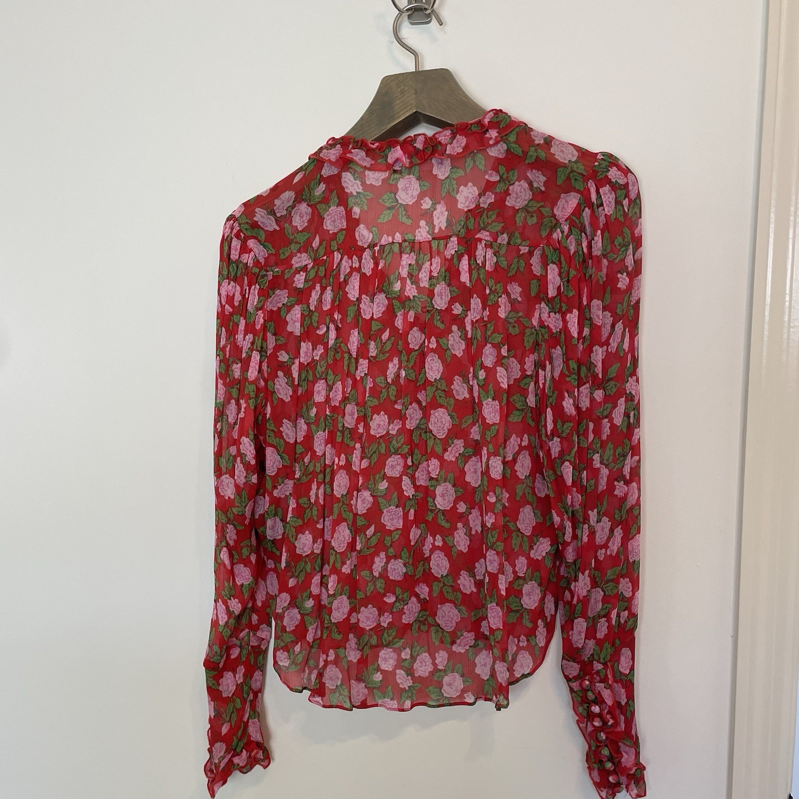 THE KOOPLES Floral Rose Button Down Sheer Victorian Blouse Sz 1 S Small Silky