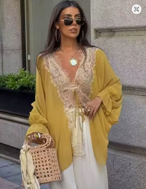 Women Lace Patchwork Sheer Blouse Tie Front Lantern Sleeve Boho Top Plus Size