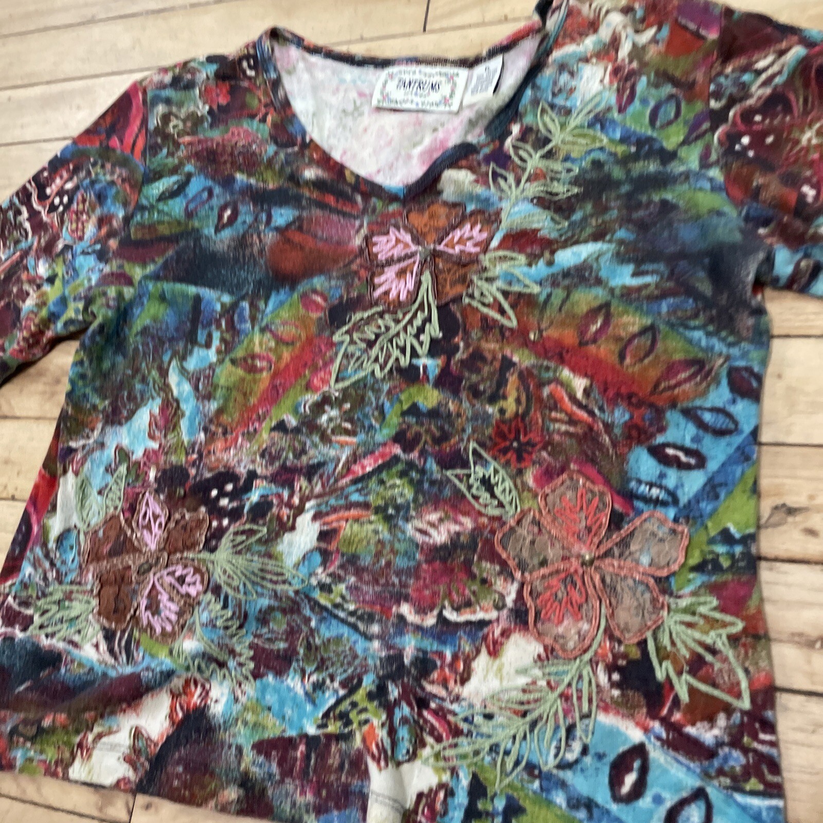 TANTRUMS Tunic Top Women PL Vtg 90s Friends Phoebe Hippie Floral Applique P L