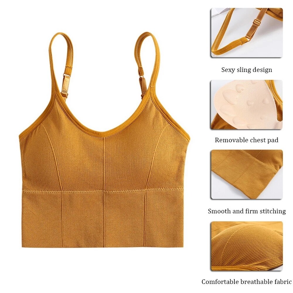 Women Basic Solid Crop Tank Top Cami Bra Padded Bralette with Adjustable Strap @