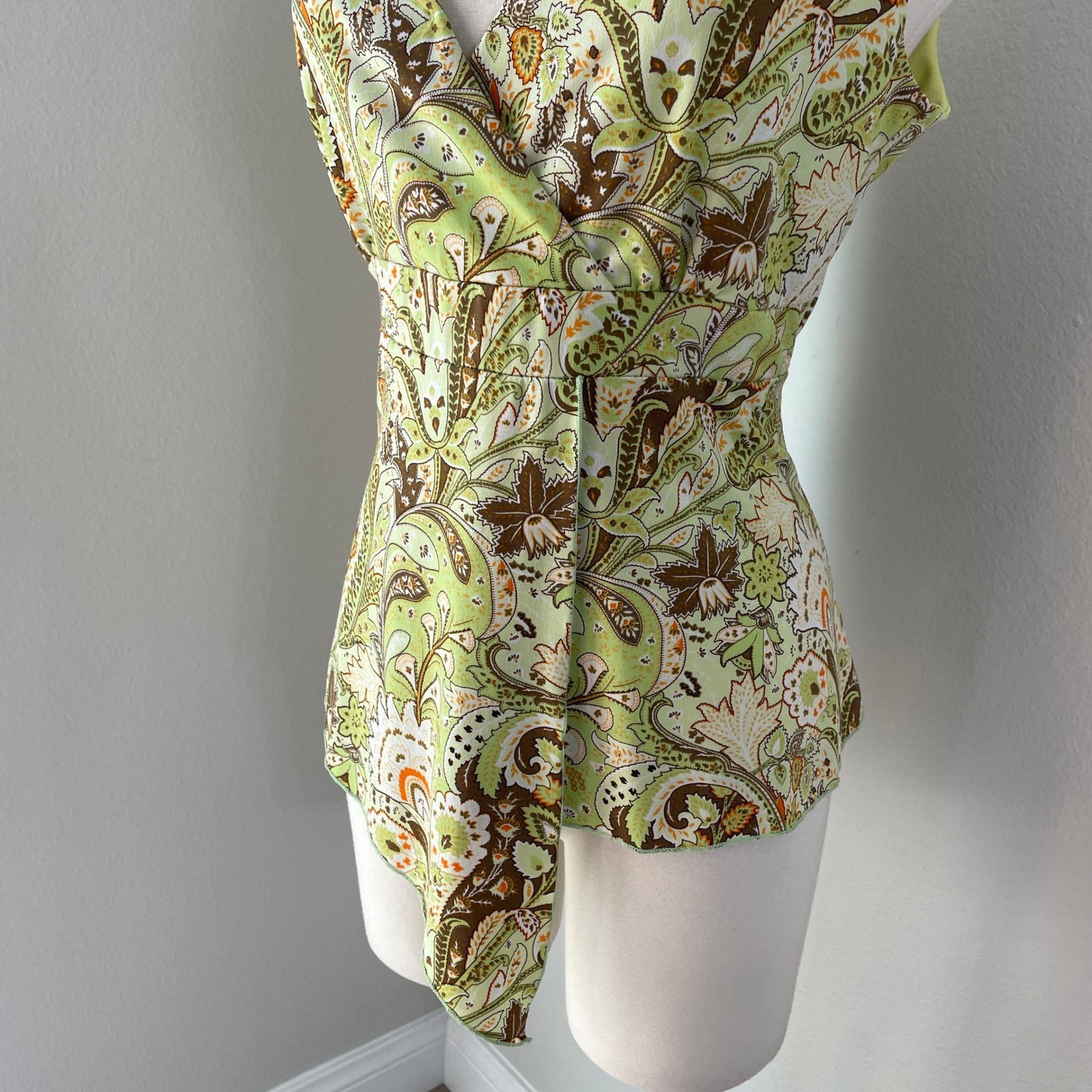 Vintage Y2K J.T.B. Womens Large Lime Green Paisley Floral V Neck Blouse Top USA