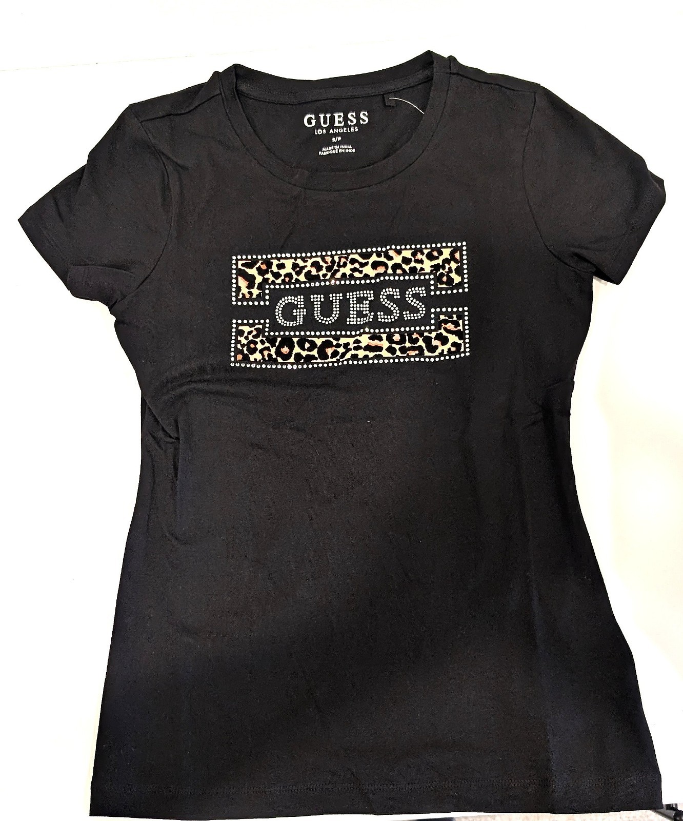 GUESS Women’s Black T-Shirt Leopard Print Rhinestone Bling Graphic Logo Size New
