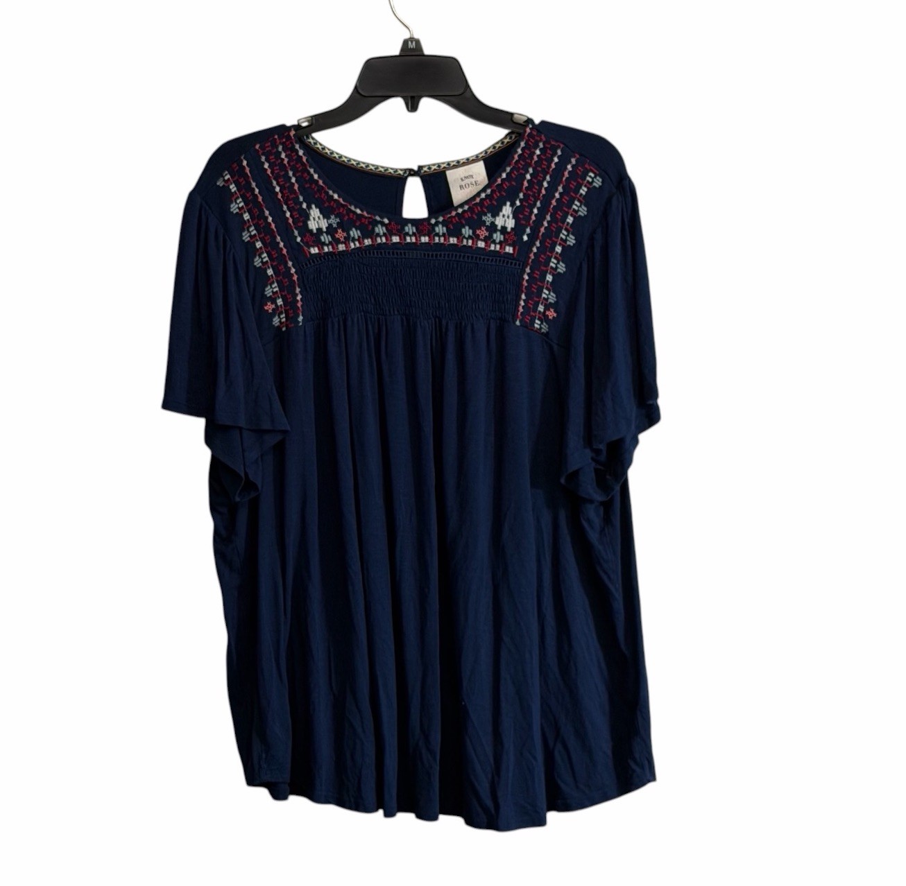 Knox Rose 2X Navy Peasant Top Embroidered Aztec Western Southwestern Boho