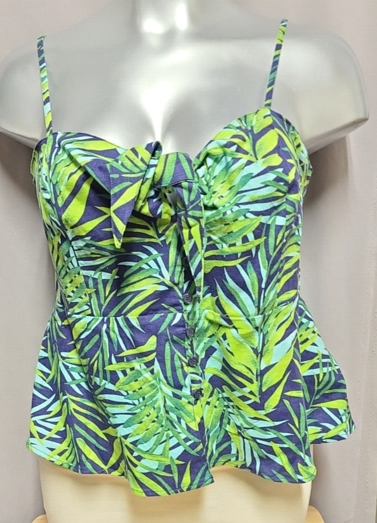 XXL Sofia Jeans Tie Front Peplum Top Tropical Leaves
