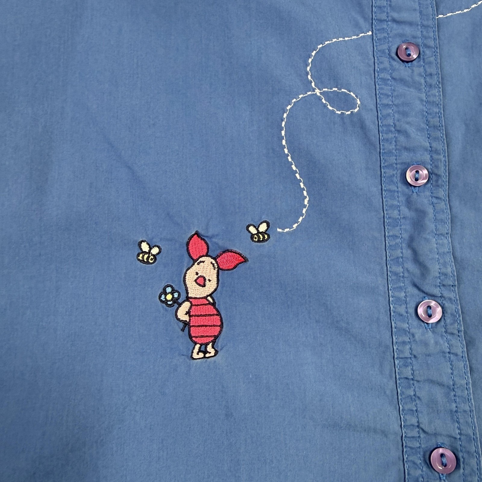 Vtg Pooh Shirt Womens 2X Blue Winnie The Pooh Piglet Embroidered Disney Top Bees