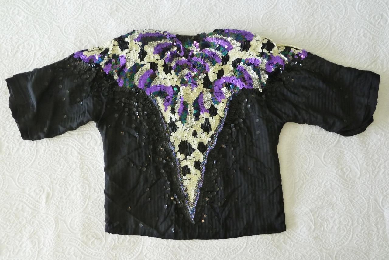 Vtg 80s Diane Freis Hand Bead/Sequined Silky Black Multi V-Neck Blouson Top S M