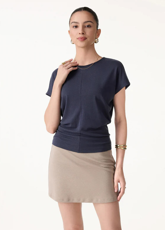 OGL Linen-Blend Round Neck Relaxed Summer Top, Smoky Navy