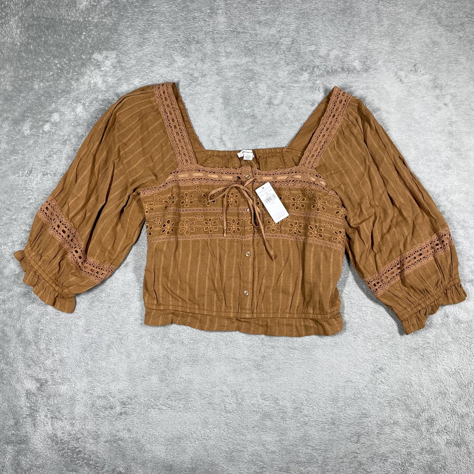 American Eagle Shirt Womens Large Brown Boho Peasant Lace Eyelet Top Blouse