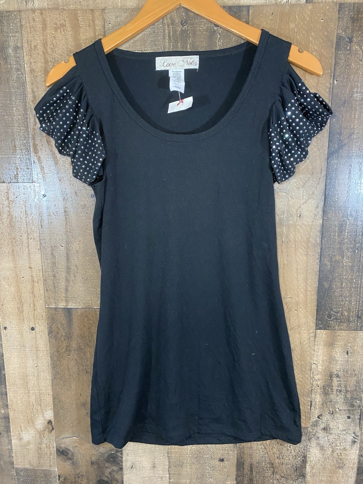 Love Notes Women’s Top Black ruffled ￼Rhinestone Shoulder Accent Slit Cut Size L