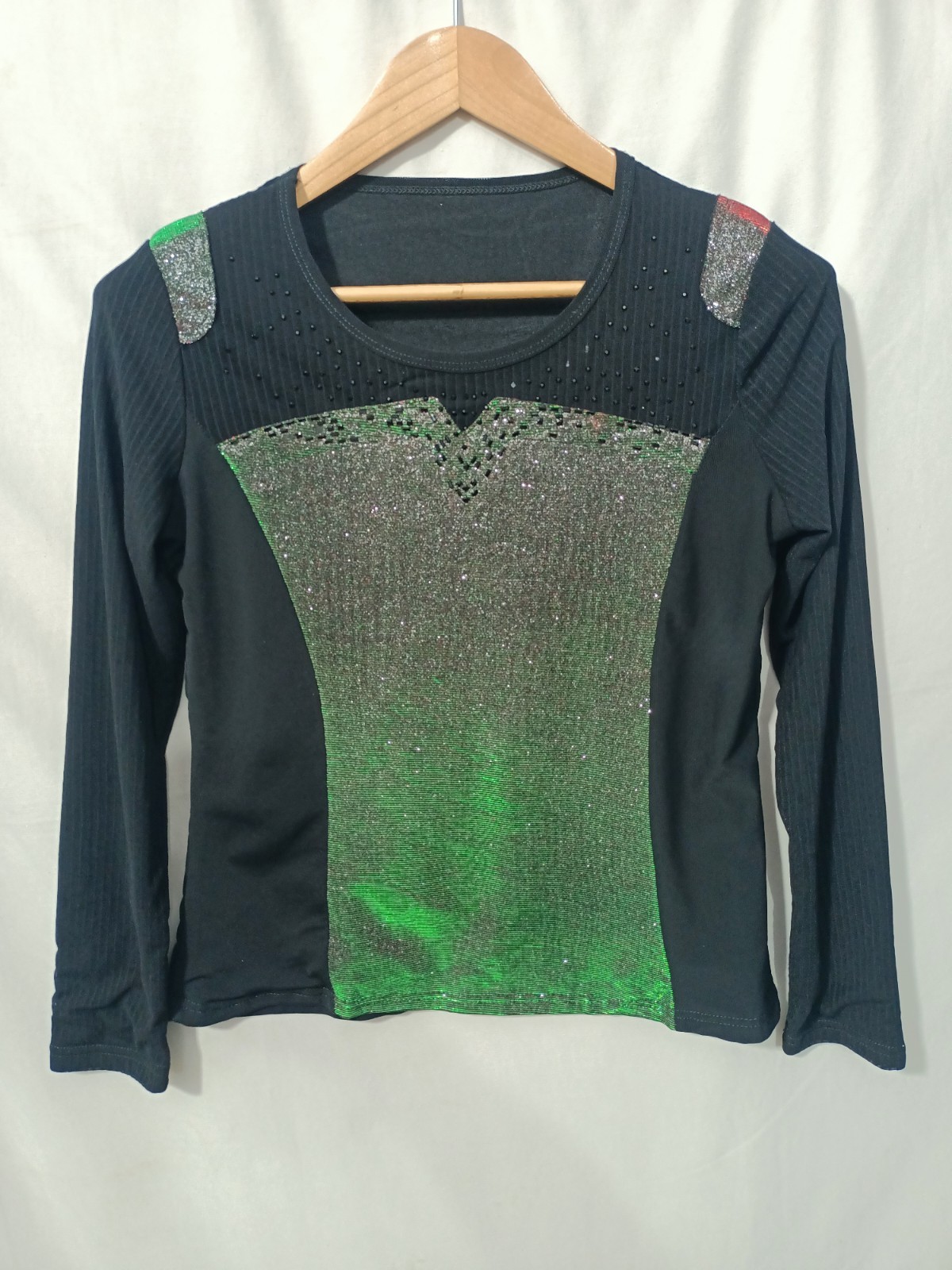 Black Long Sleeve Illusion Glitter Top Color Changing Green Purple Silver M/L