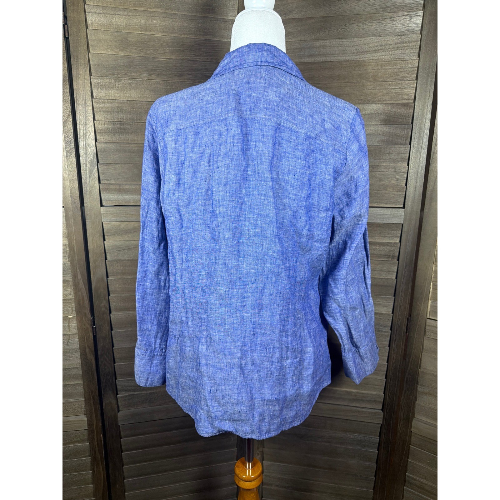 Foxcroft NYC Womens Blue 100% Linen Button Down Long Sleeve Shirt Size Medium
