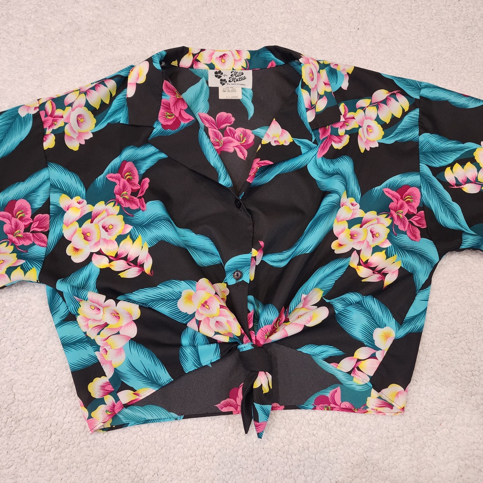 Vintage 90’s Hilo Hattie Cropped Top- Made in Hawaii- Tie Front Tropical XL