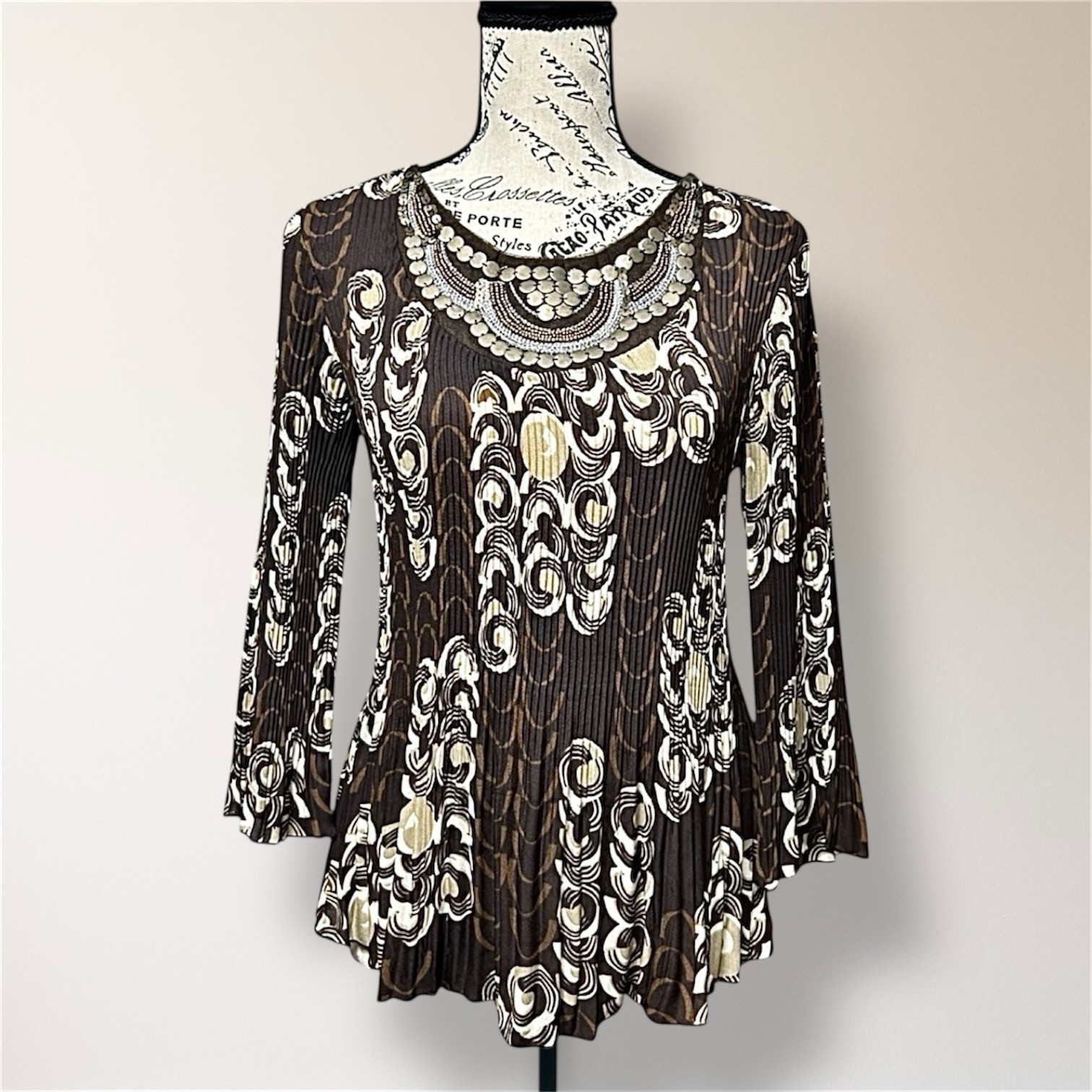 Larry Levine PS Brown Geometric Pleated Long Sleeve Metallic Neck Dressy Blouse