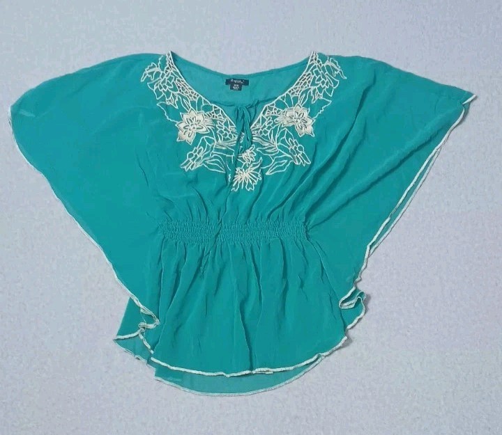 Rhapsody Sheer Batwing Flutter Sleeve Blouse Medium Teal Blue Embroidered Y2K