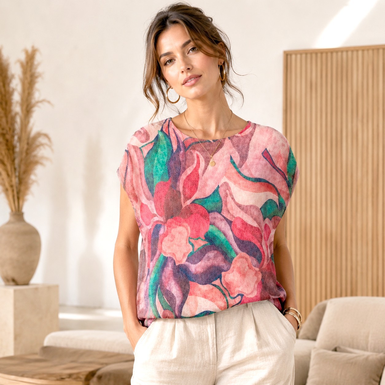 Soft floral print relaxed fit Colorful chic lightweight knit top Artistic