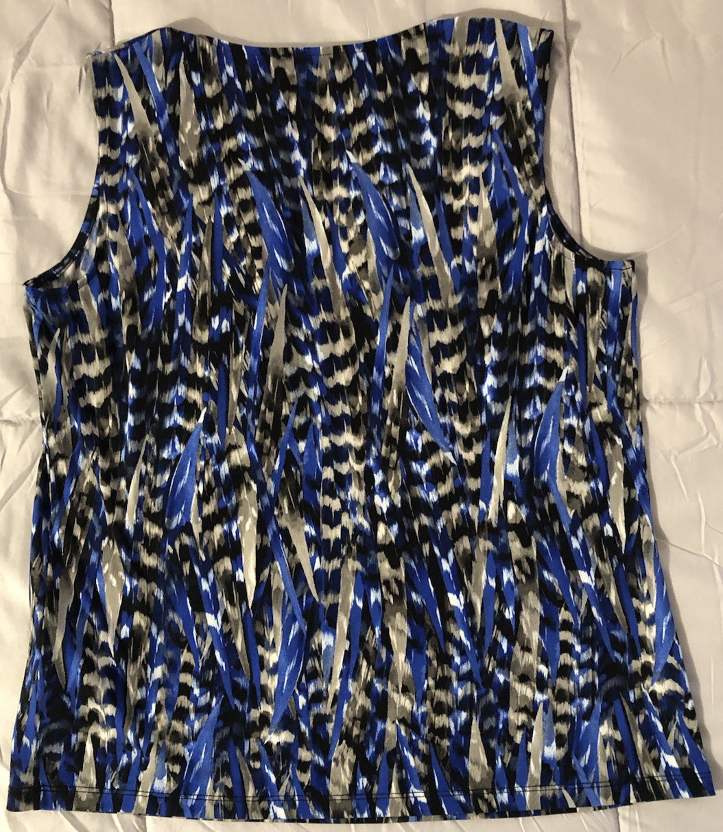 Kasper Pleated Neckline Stretch Sleeveless Tank Top Sz M Blue/Black/Tan Career