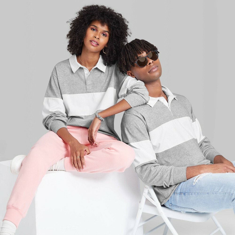 Wild Fable Long Sleeve Oversized Rugby Polo T-Shirt Gray White Wide Stripe Retro