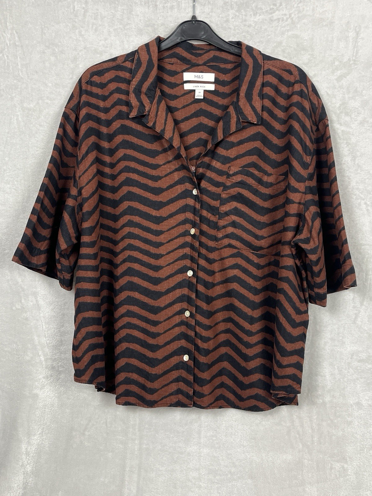 Marks & Spencer Size UK 22 Linen Rich Brown Black Zig Zag Striped Shirt Blouse