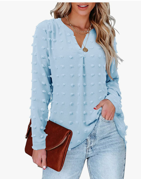 Moyabo Woman’s Swiss Dot Blouse Long Sleeve V-neck Casual Work Baby Blue Size XL