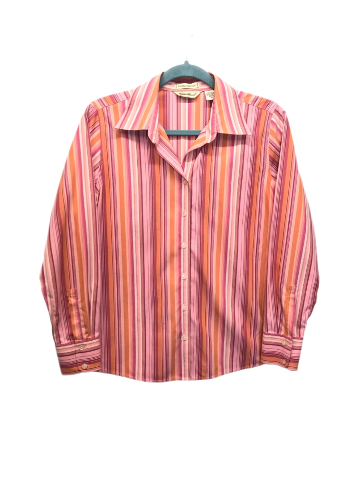 Eddie Bauer Shirt Women’s Petite MP Pink Striped Button Up Wrinkle Resistant