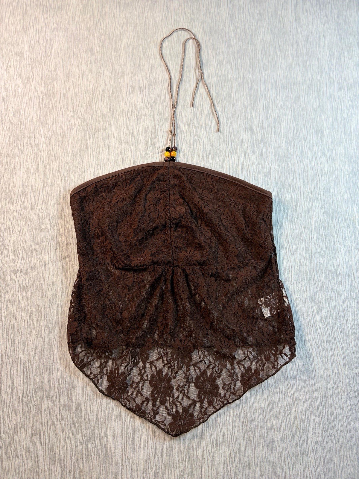 Brown Floerns Beaded Halter Top Sheer Lace Overlay Asymmetrical Handkerchief Hem