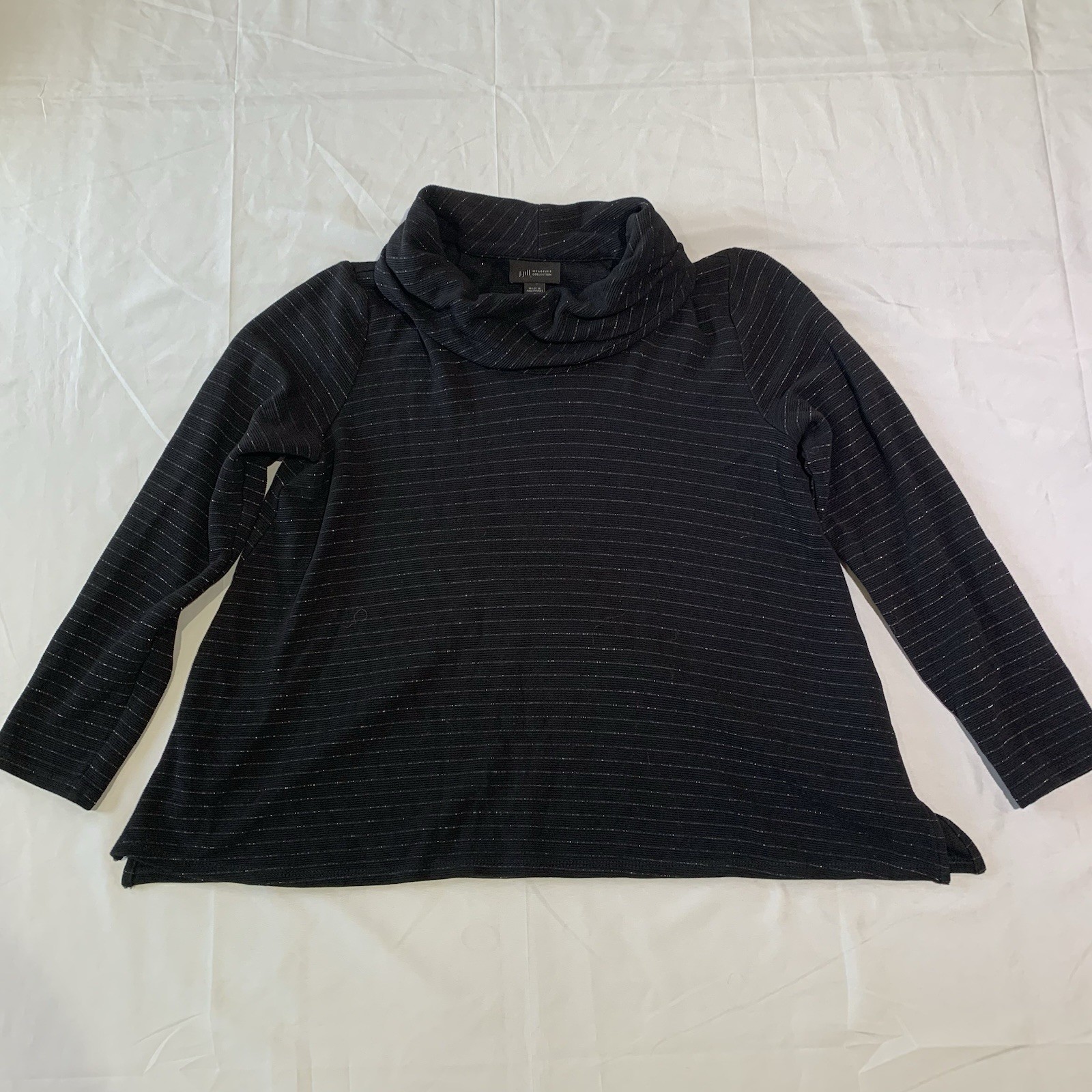J Jill Womens Black Glitter Stripe Turtleneck Shirt Petite Small Rayon Lycra