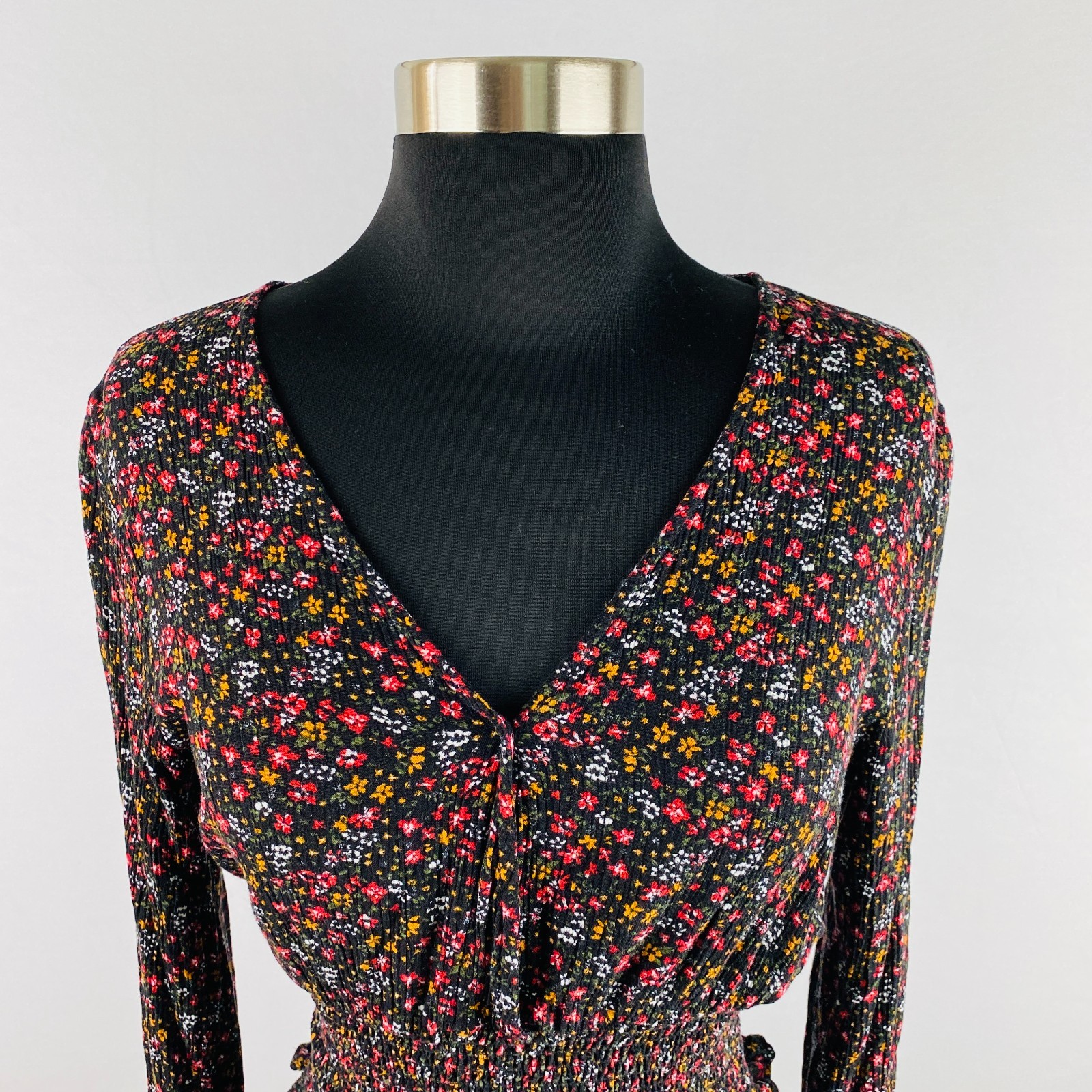 Paper Crane Womens Floral Print Bohemian Gypsy Long Sleeve Smocked Work Job S