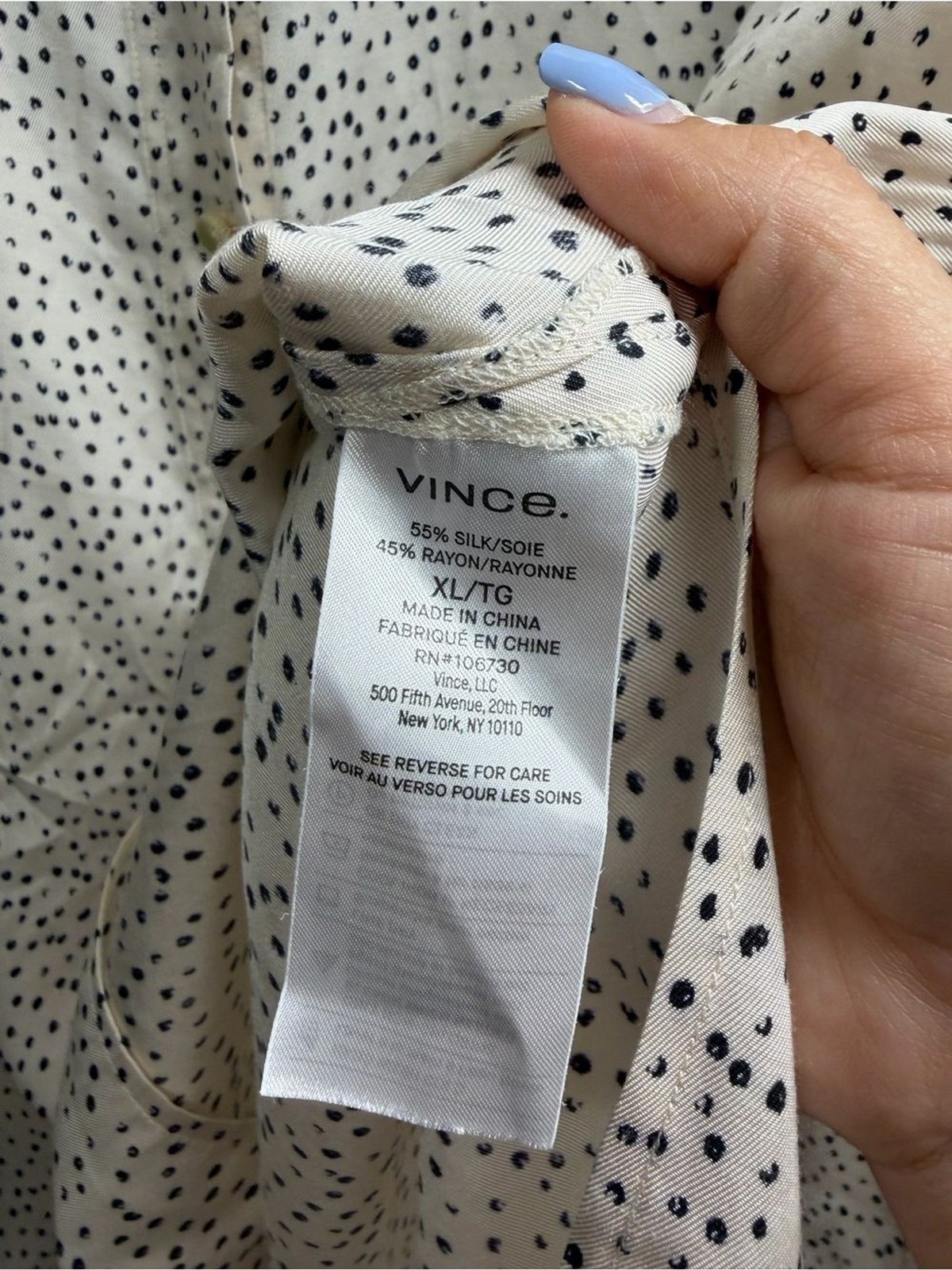 Vince Cream Button-Down Shirt with Black Dot Print Silk rayon size XL