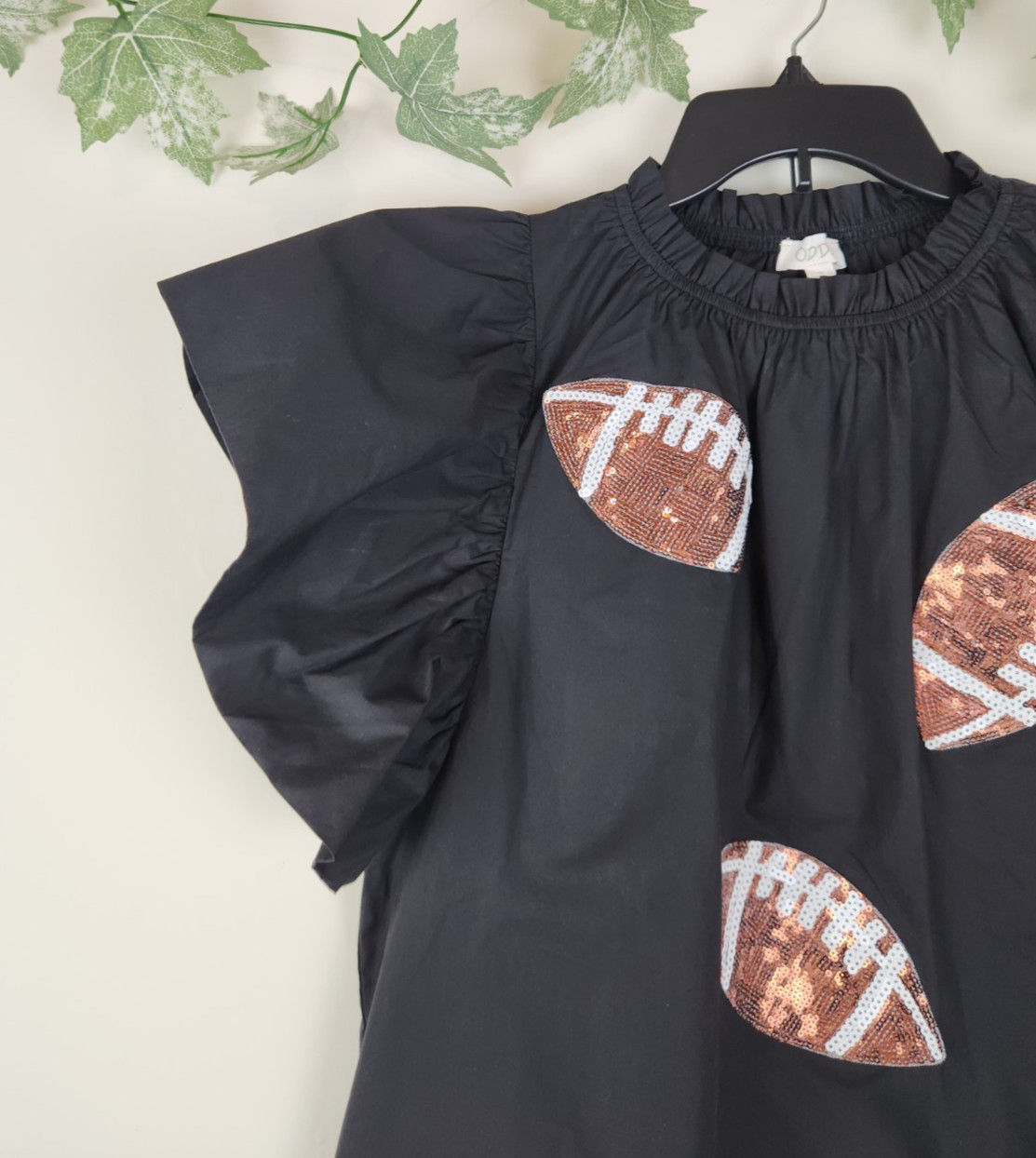 ODDY Women’s Size S Black Football Sequin Path Ruffle Sleeve Cotton Top Blouse