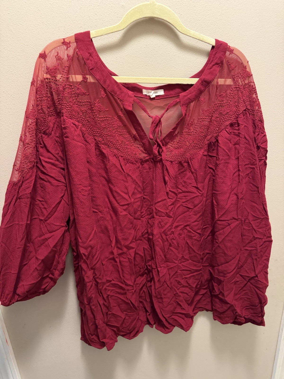 maurices Burgundy Floral Lace Sheer Yoke V-Neck Tie Front Size Plus 3/4 Blouse