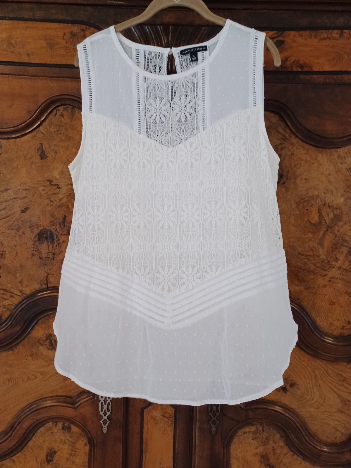 🌿🌺 WOMEN’S SIZE XL IVORY SIGNATURE STUDIO LACE EMBELLISHED LINED BLOUSE 🌺🌿