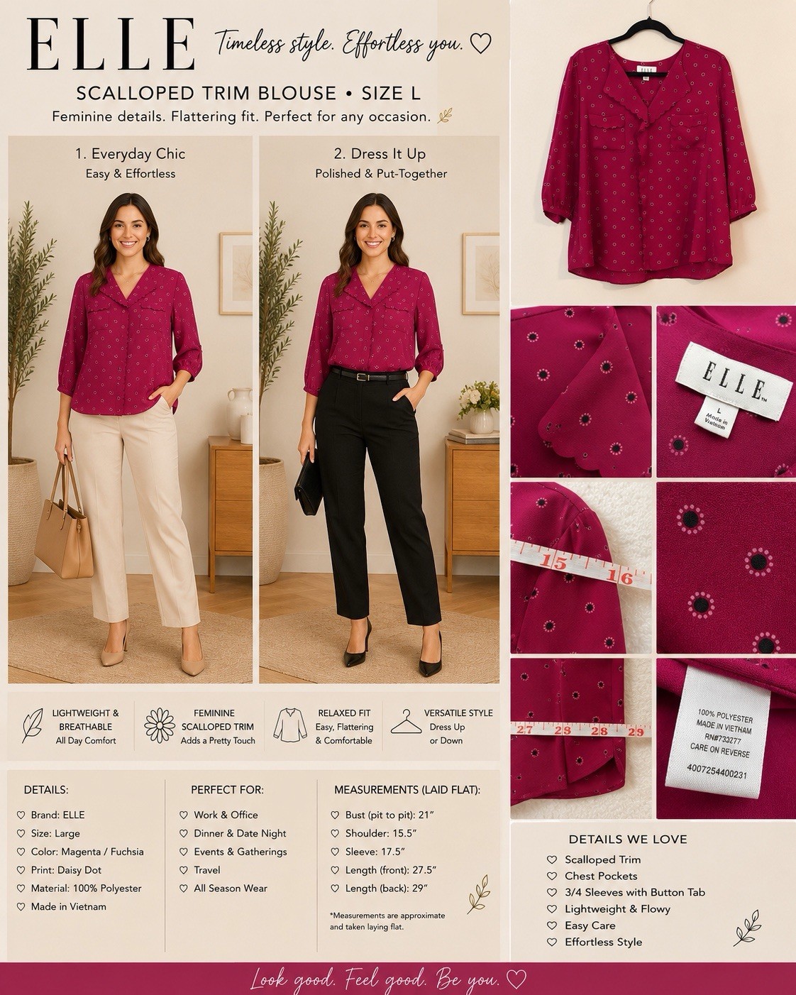 ELLE Womens Large Magenta Scalloped Trim Blouse Polka Dot 3/4 Sleeve Top