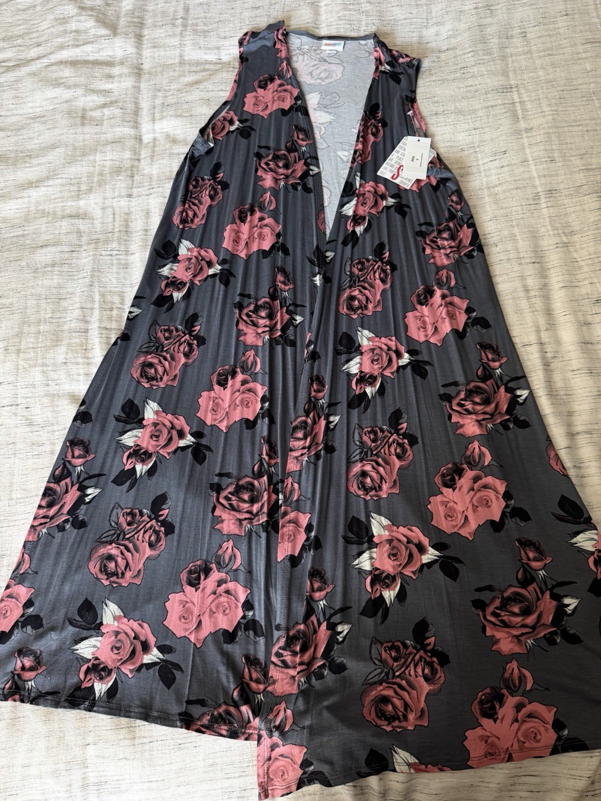 LuLaRoe Joy Cardigan S Gray Pink Black Floral Open Front Slit Lightweight LS