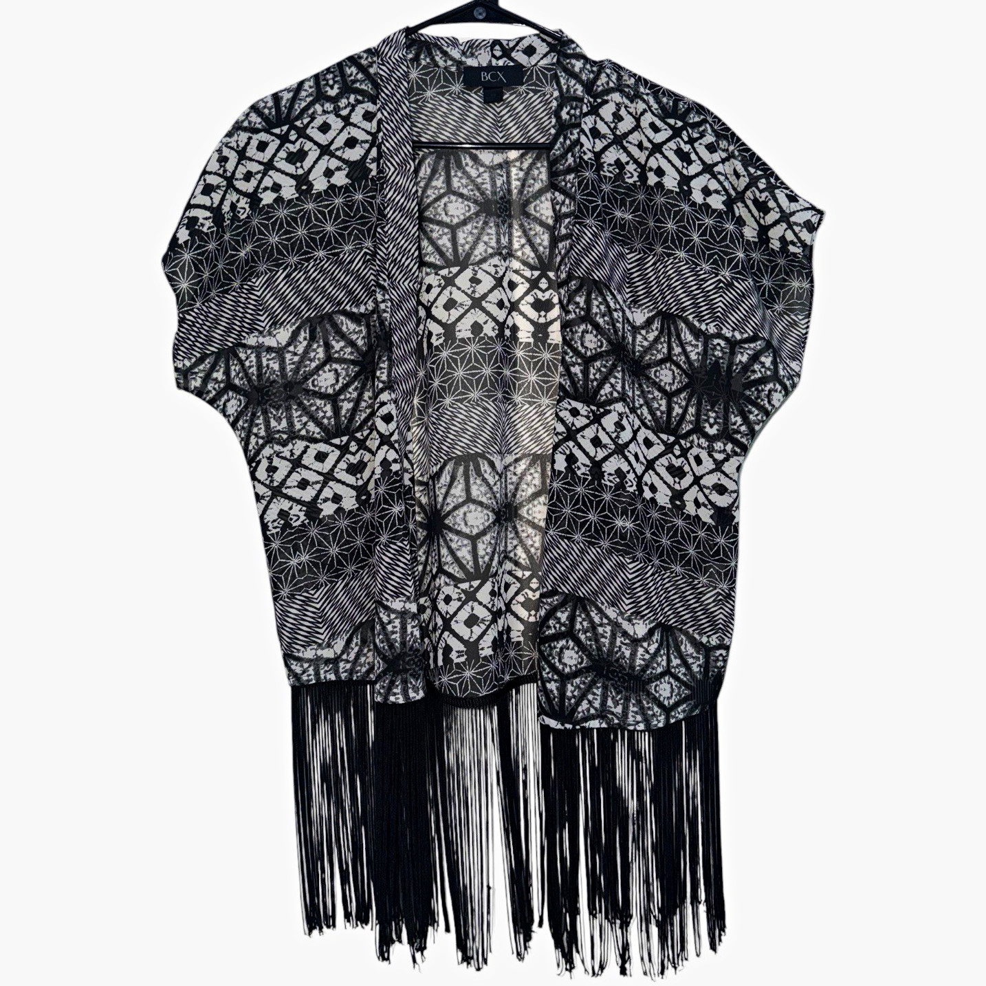 BCX Women’s XS Black/White Geometric Fringe Open Front Sheer Kimono V-Neck Top