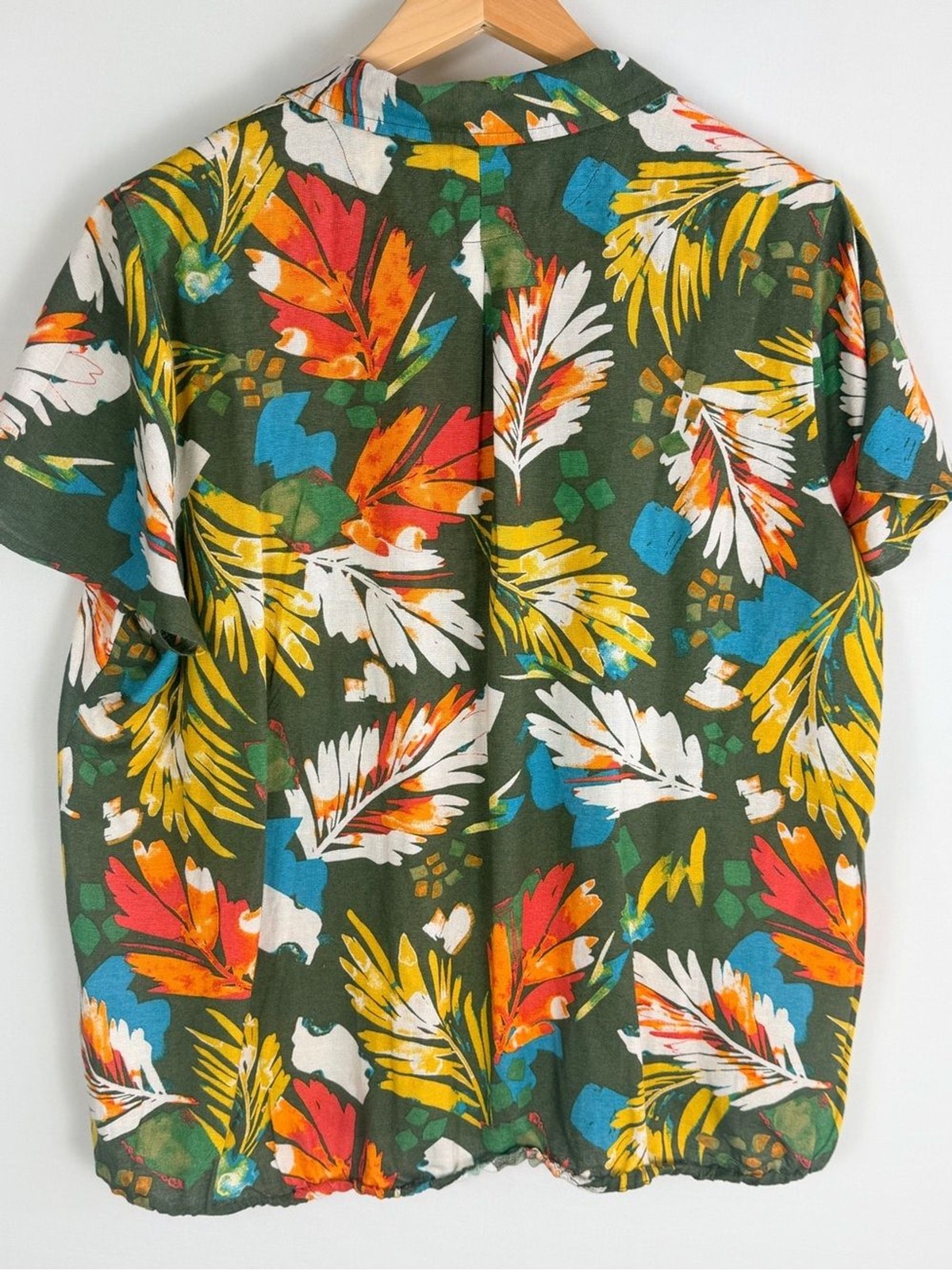 d&Co Denim + Company XL Tropical Leaf Print Linen Blend Collared Blouse