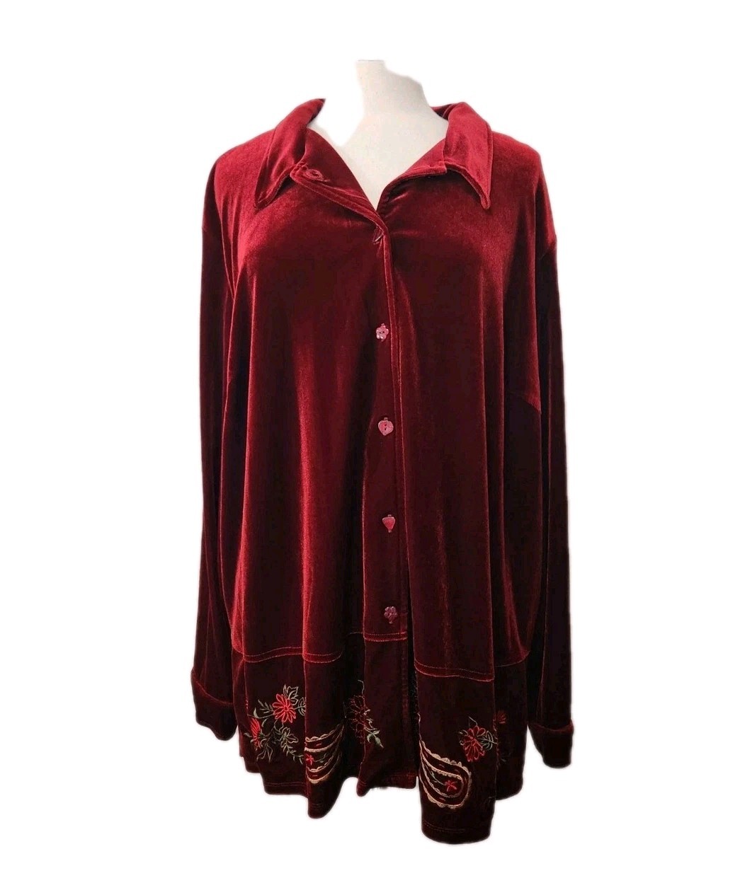 Studio Ease Burgandy Velour Top Blouse 24W Floral Embroidered Hem Button Accents