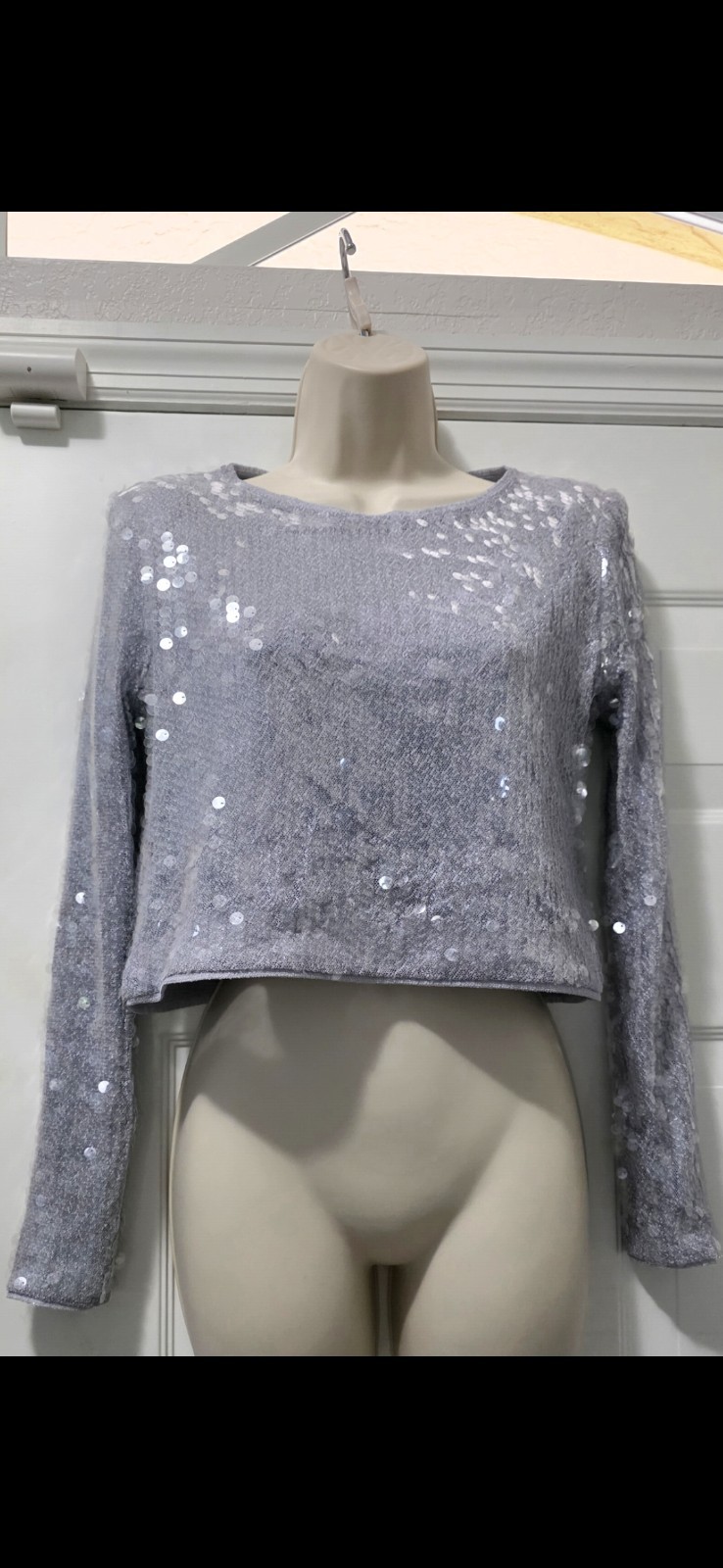 Dynamite Silver Sequin Cropped Knit Sweater Long Sleeve Pullover Size XXS
