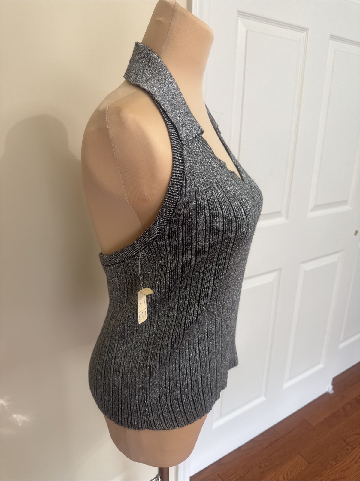 Halter Top Silver Sparkle w Collar Large Duel Knit Top