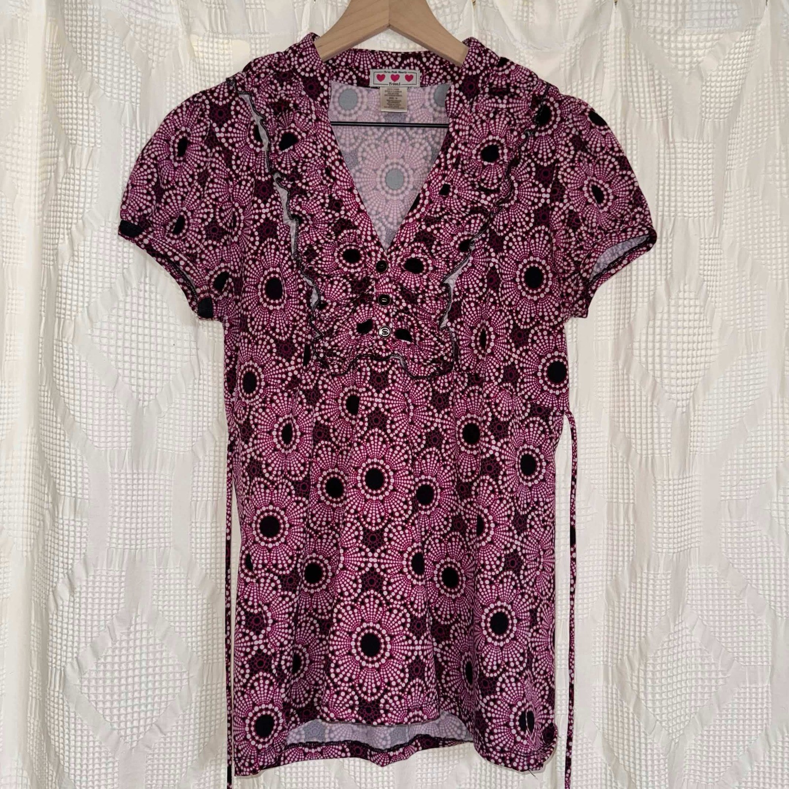 Three Pink Hearts Trixxi Tunic Blouse Top Pink Geometric Retro Ruffle Y2K Medium