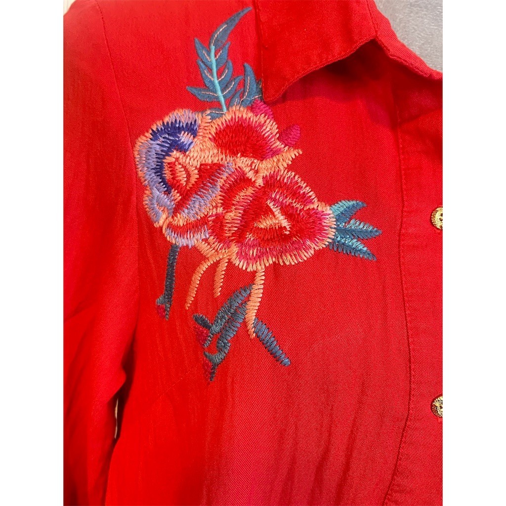 Boho Western Floral Patchwork Shirt S Red Embroidered Animal Print Festival
