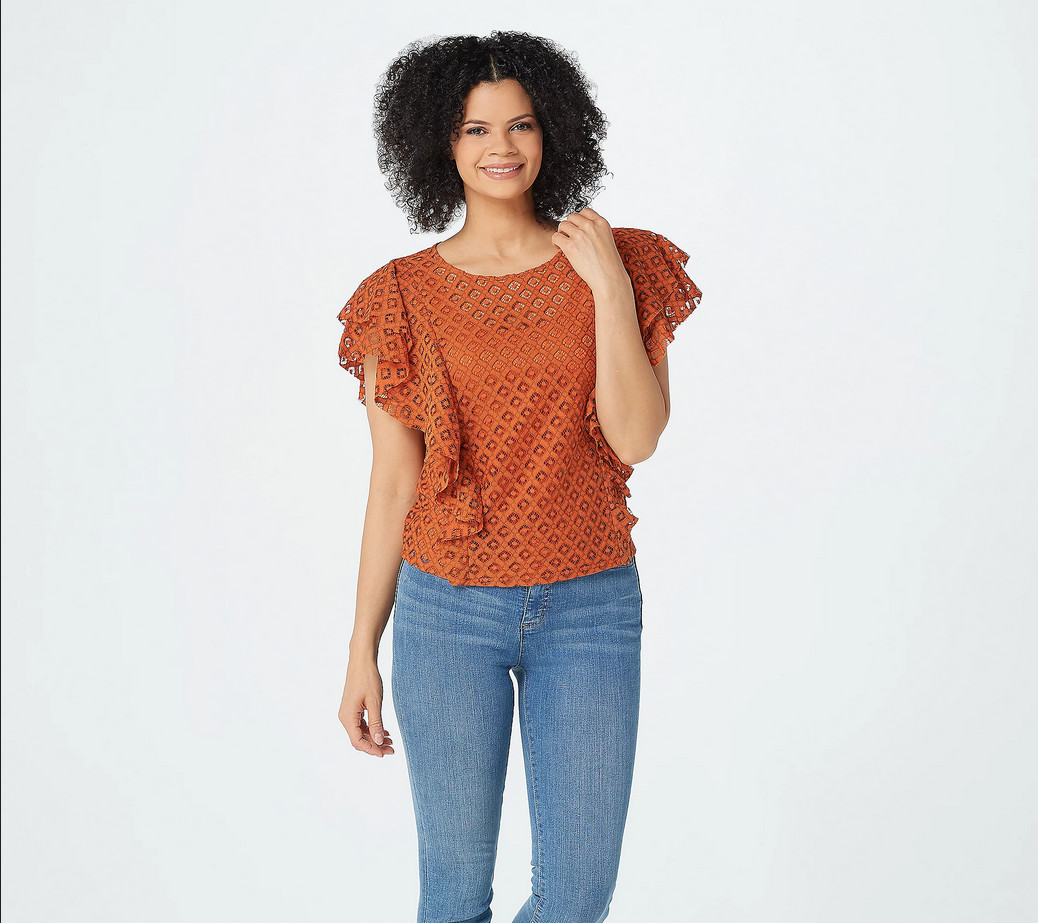 Du Jour Crew Neck Ruffle Lace Top-Orange Rust-Small A378507 NEW
