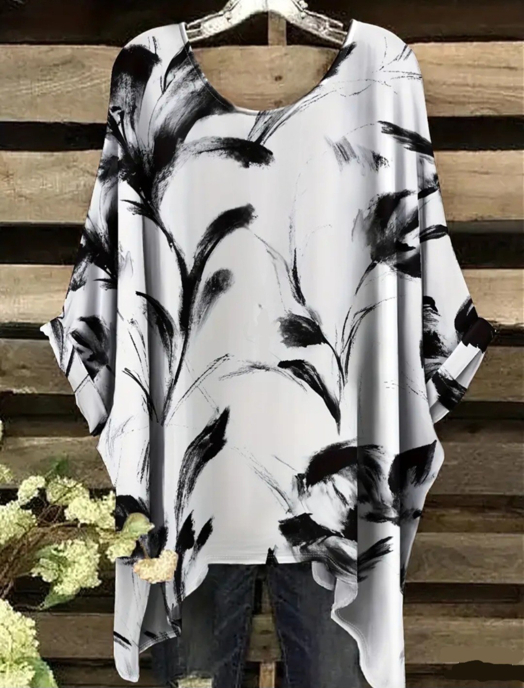 Tunic Shirt Plus Size Fashion T Top Feather Print Knit Beige Black Uneven Hem