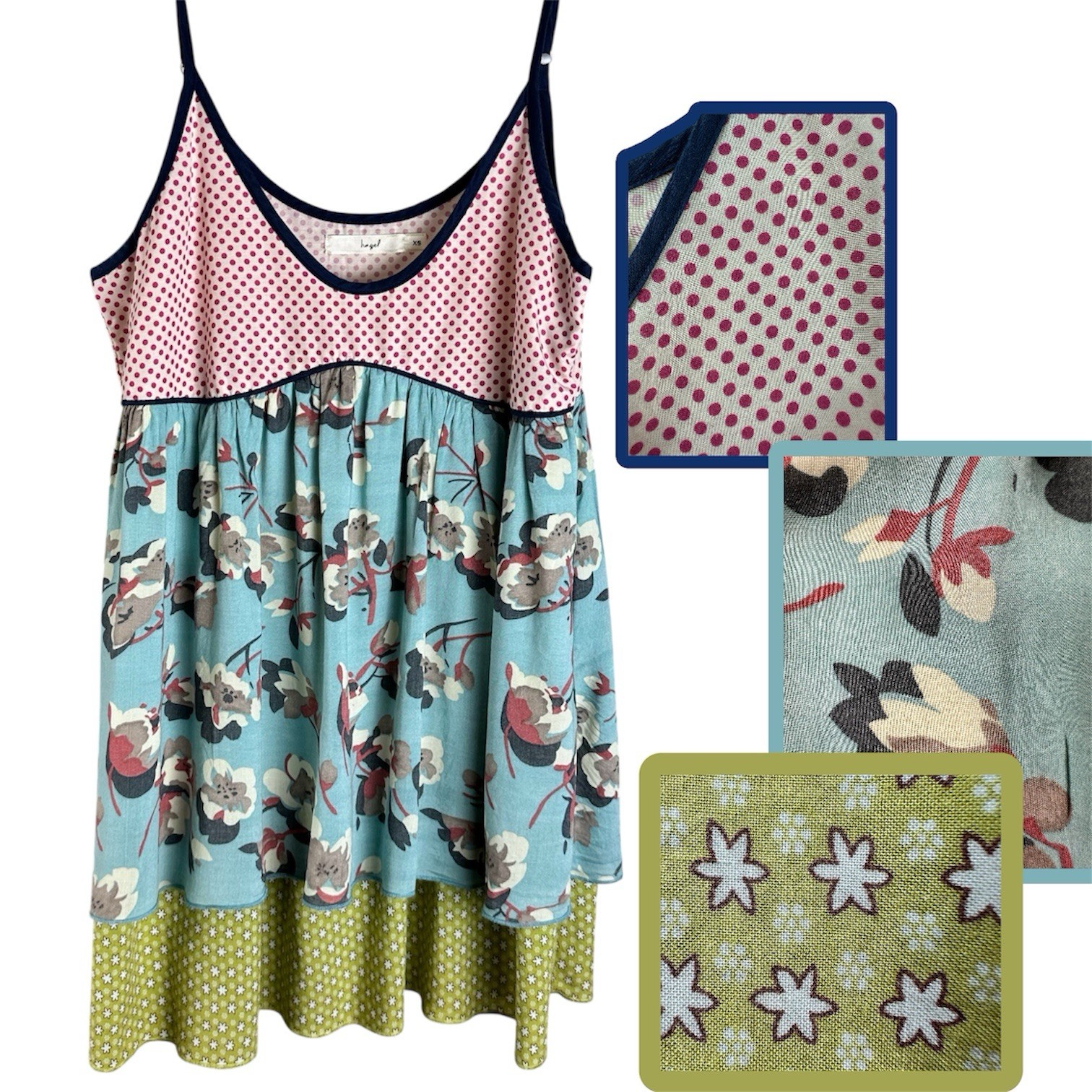 Hazel Anthropologie Mixed-Print Babydoll Cami Top XS Tiered Flowy BOHO Tunic