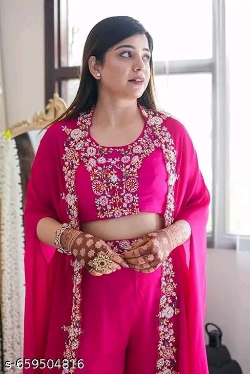 Womens Pink Embroidered Crop Top With Palazzo & Long Cape Jakt. Upto 2XL