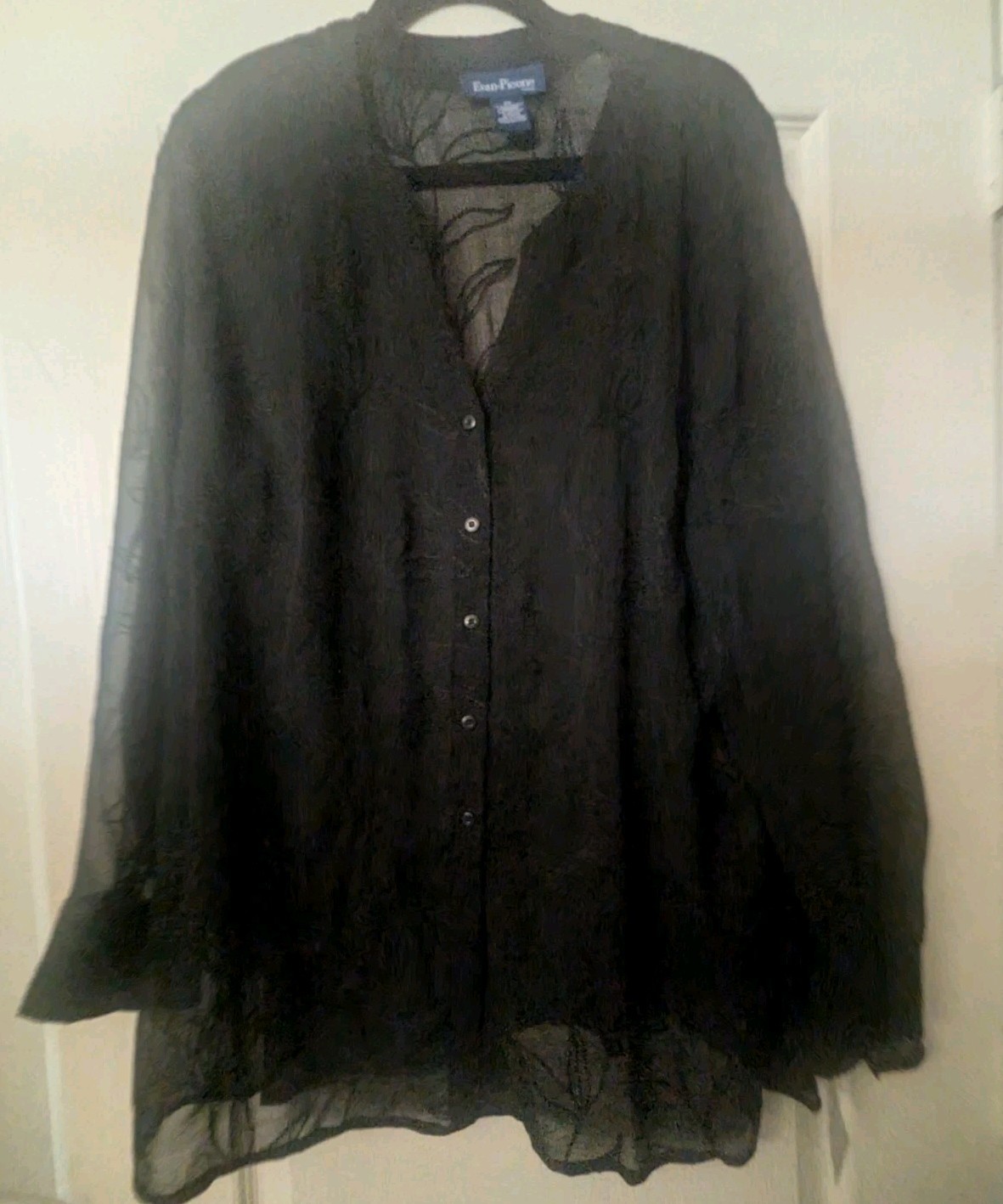 Evan Picone Woman’s Black Plus Size 3X Sheer See through Blouse With Embroidery