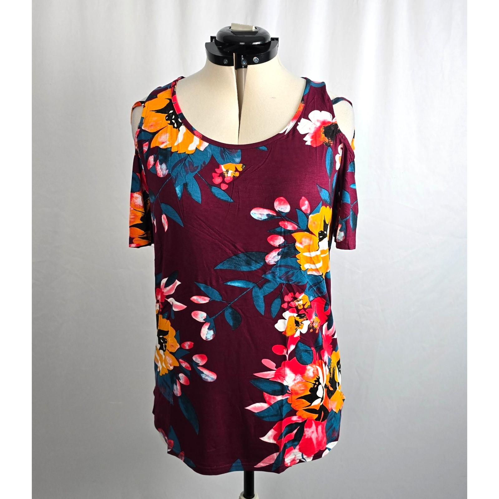 iGENJUN Blouse Women’s L Maroon Multi Color Floral Cold Shoulder Sleeve NWT