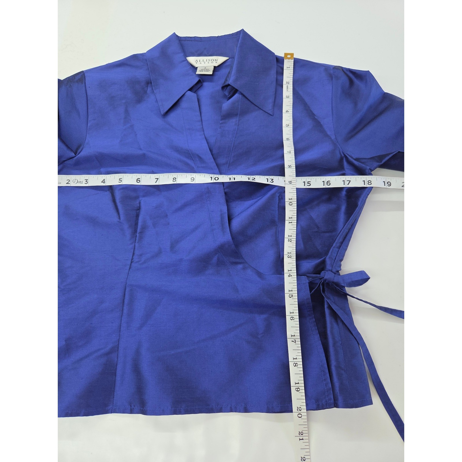 Allison Taylor Womens Royal Blue 100% Silk Wrap Blouse Long Sleeve Size 6